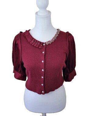 Suki Cashmere Angora Blend Silk Sleeve Short Sweater Ribbon Sparkle Detail SZ S